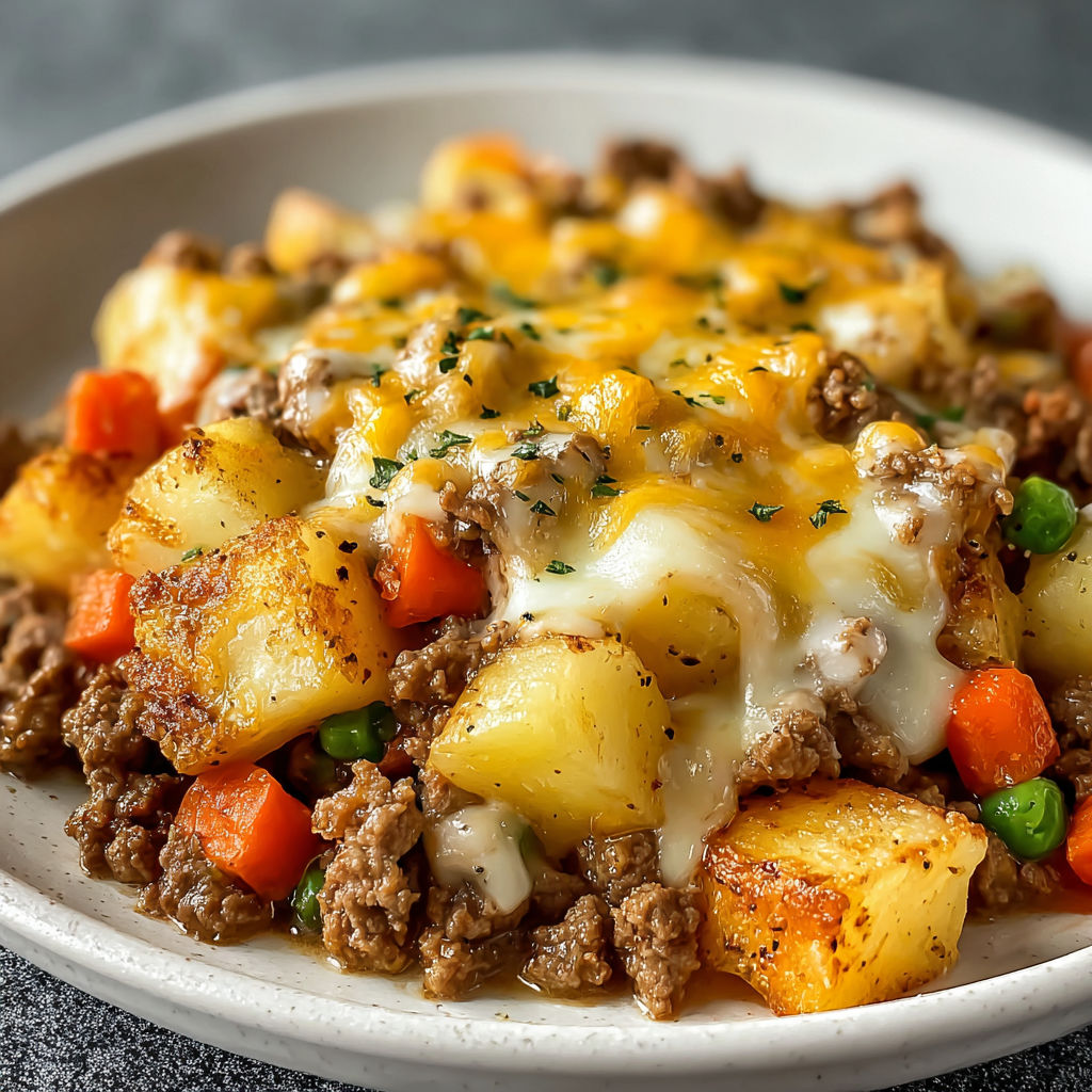 A white plate with a delicious meal of meat and potatoes, topped with cheese and herbs.