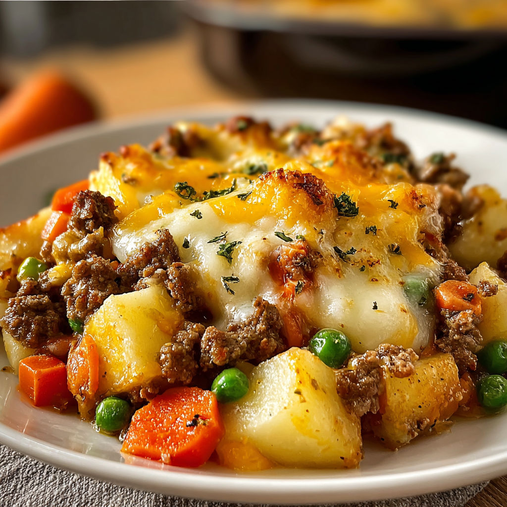 A delicious meal of potatoes, peas, and meat, topped with cheese.