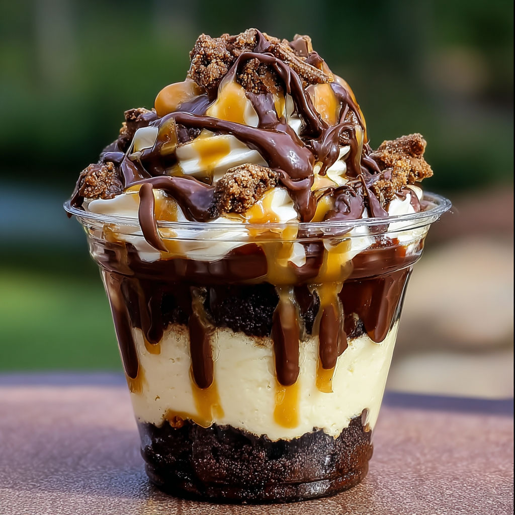 A delicious Loaded Brownie Cheesecake Cup with chocolate and caramel toppings.