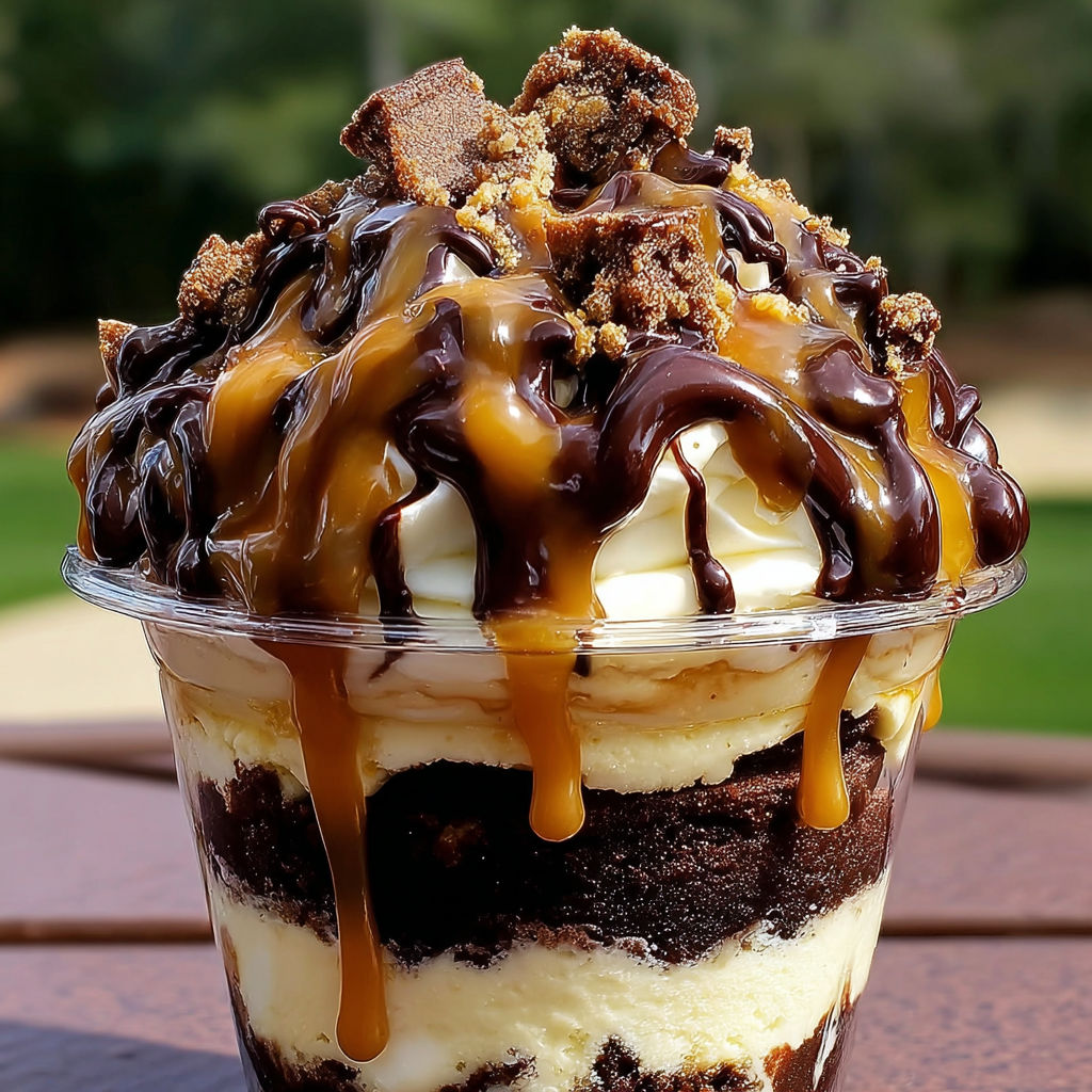 A delicious Loaded Brownie Cheesecake Cup with caramel drizzle.