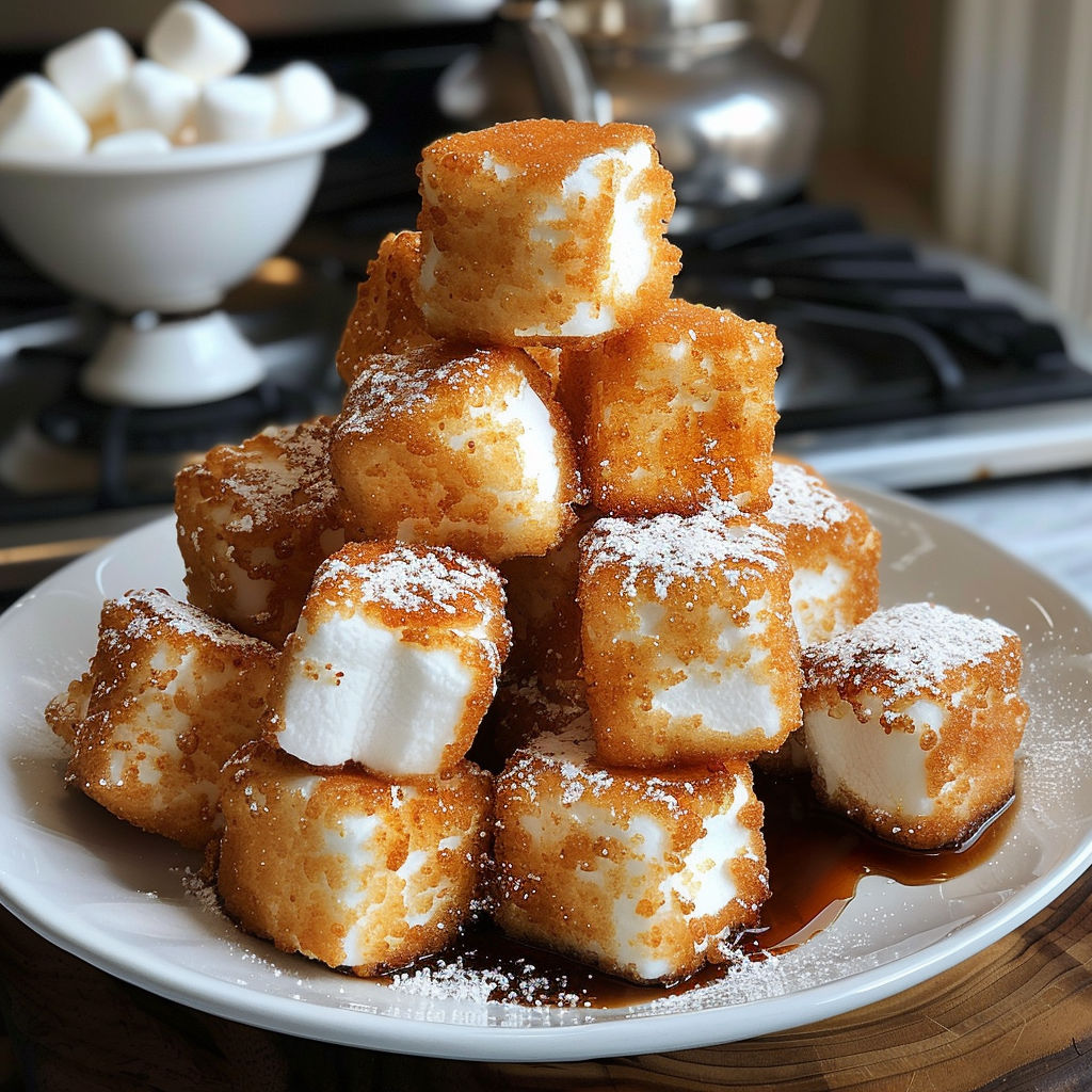 A plate of marshmallows covered in powdered sugar and drizzled with chocolate sauce.