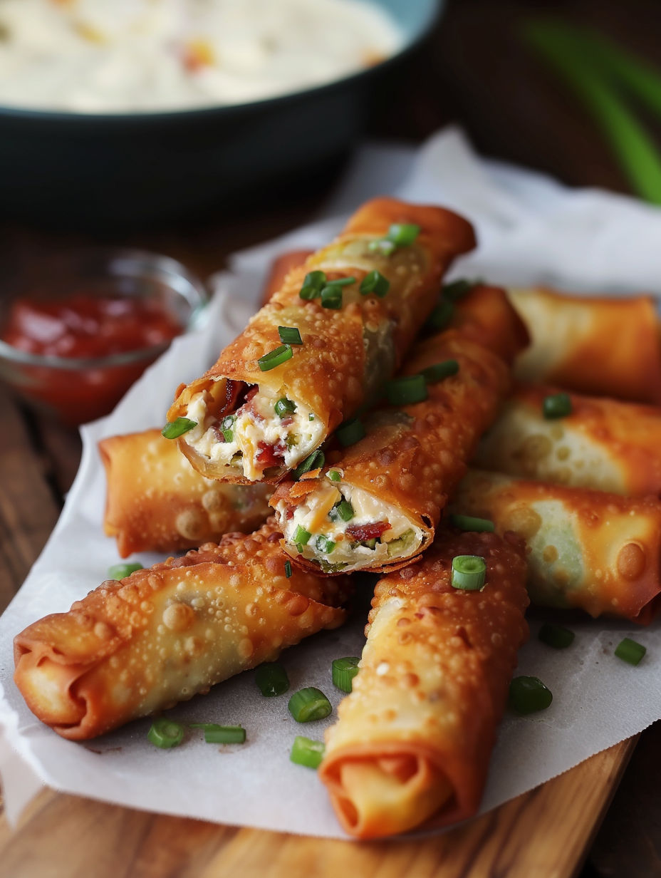 A plate of spring rolls with dipping sauce.