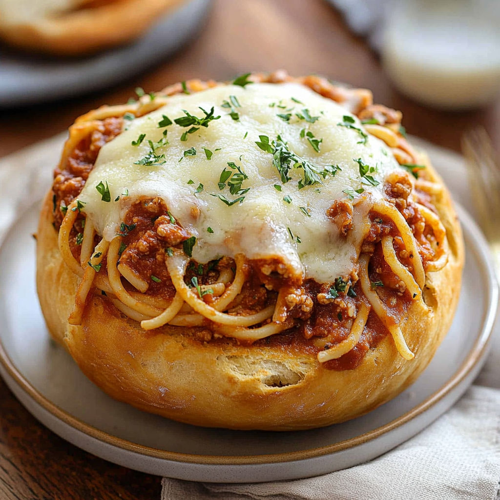 A delicious bread bowl filled with spaghetti and meat sauce.