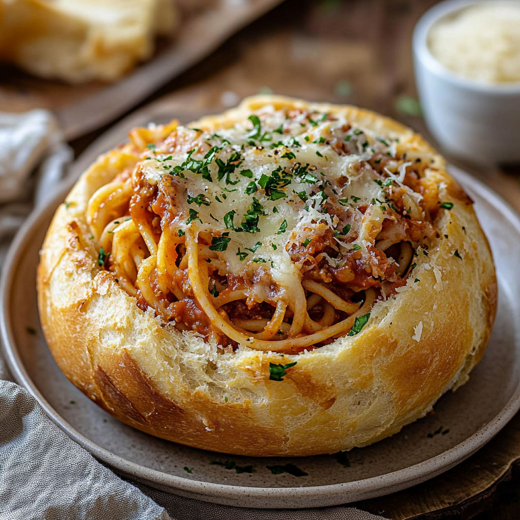 A delicious pasta dish is served in a bread bowl, topped with cheese and herbs.