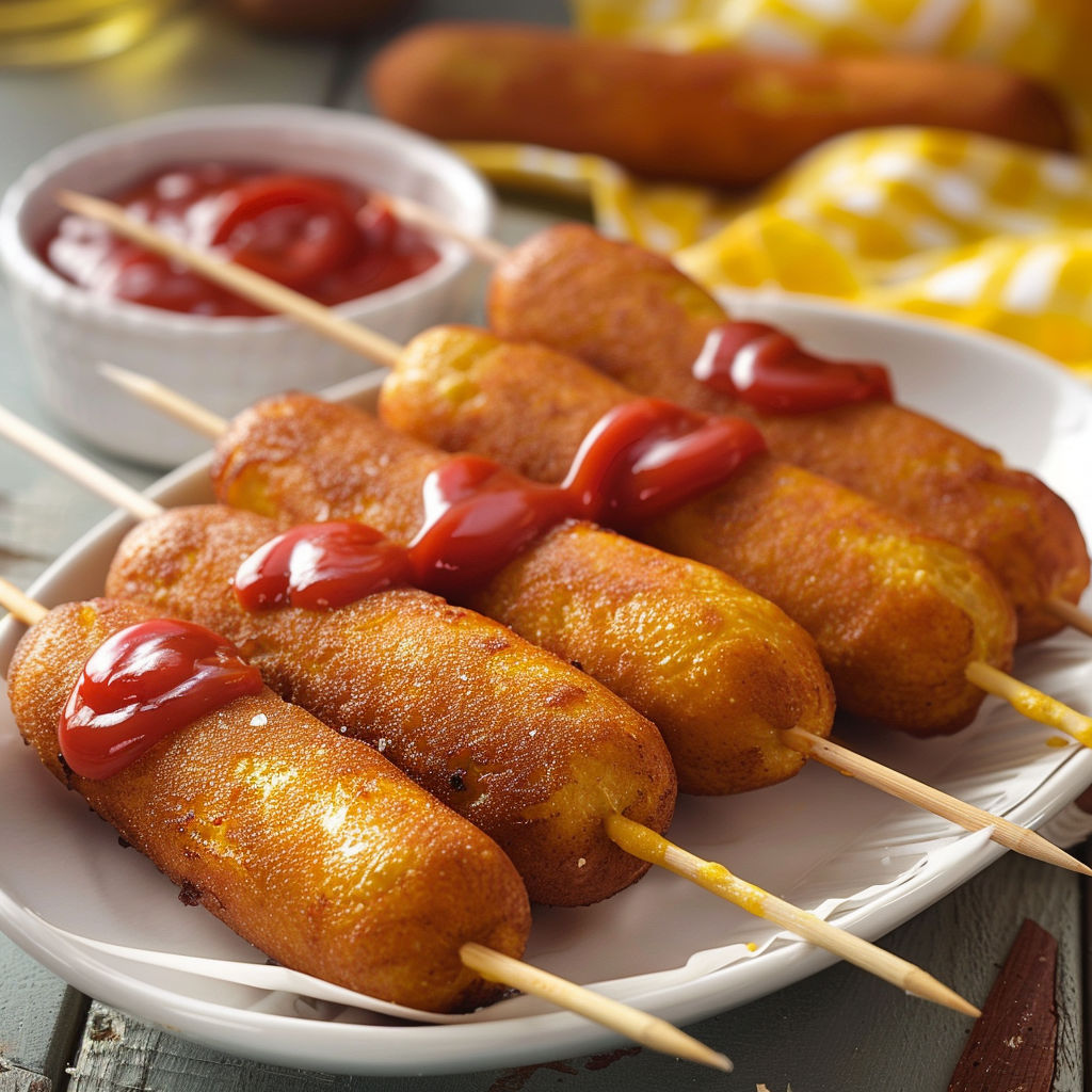 A plate of corn dogs with ketchup and mustard.