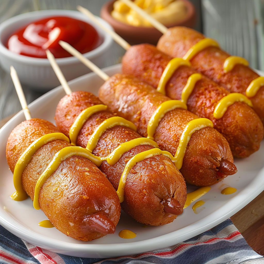 A plate of delicious hot dogs with mustard and ketchup, ready to be enjoyed.