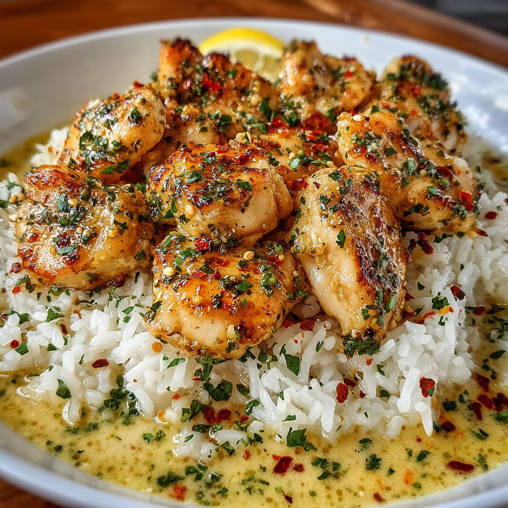 A plate of chicken scampi with creamy garlic Parmesan rice.