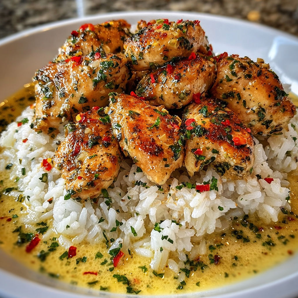 A plate of chicken scampi with creamy garlic Parmesan rice.