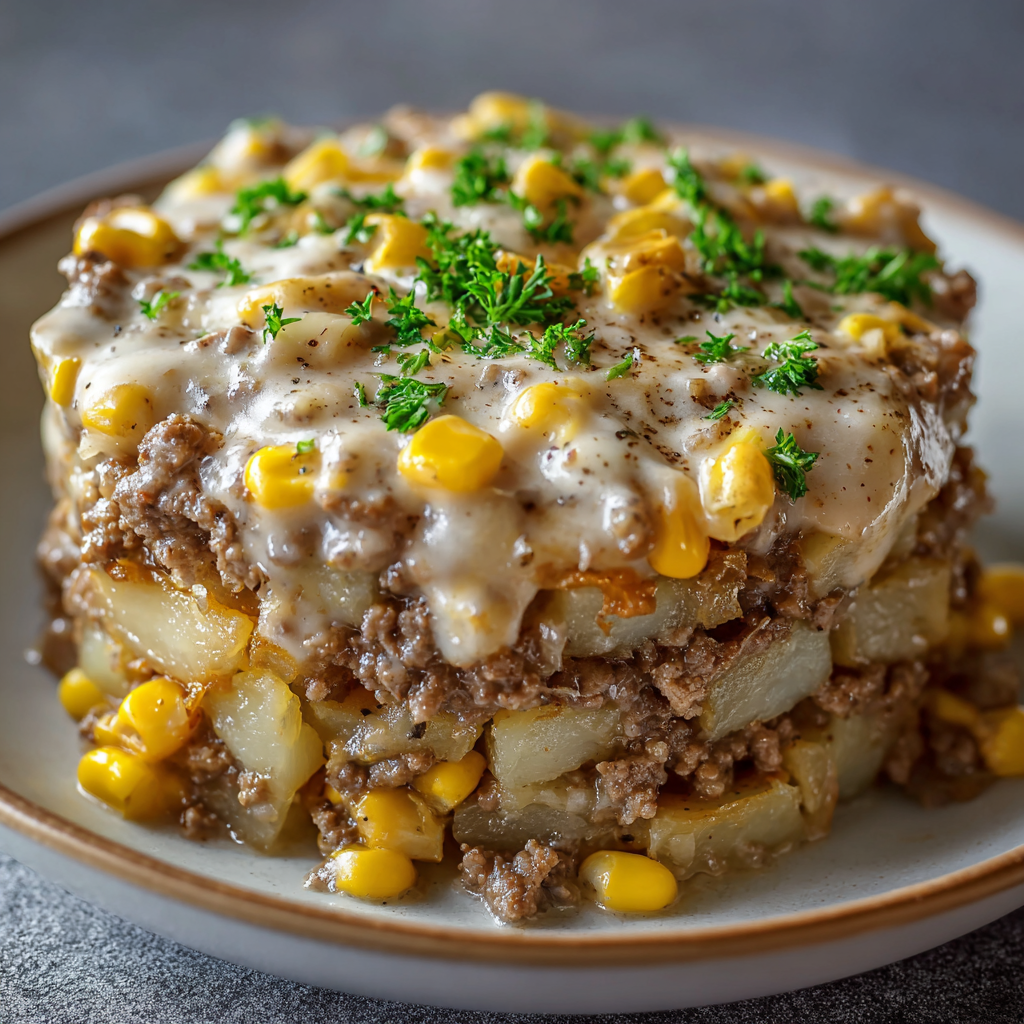 A delicious meal of meat and vegetables, including corn, is served on a white plate.