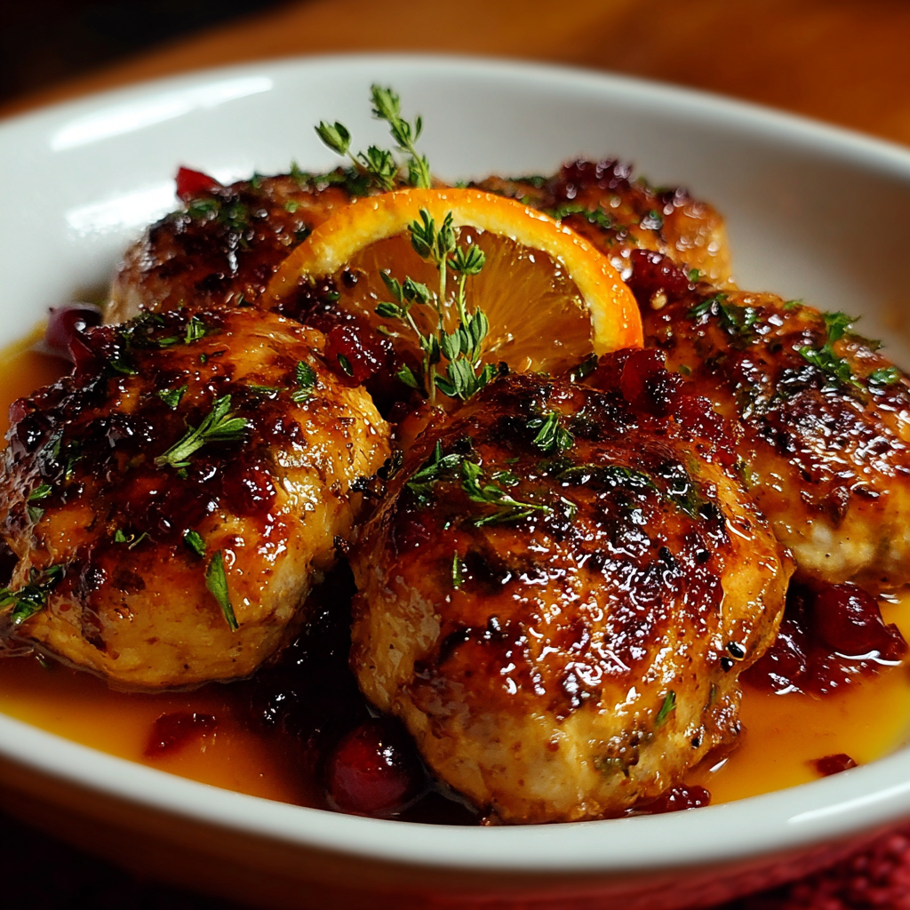 A plate of Cranberry-Orange Chicken Meatballs with a slice of orange on top.