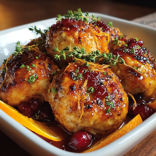 A dish of Cranberry-Orange Chicken Meatballs is served in a white bowl.