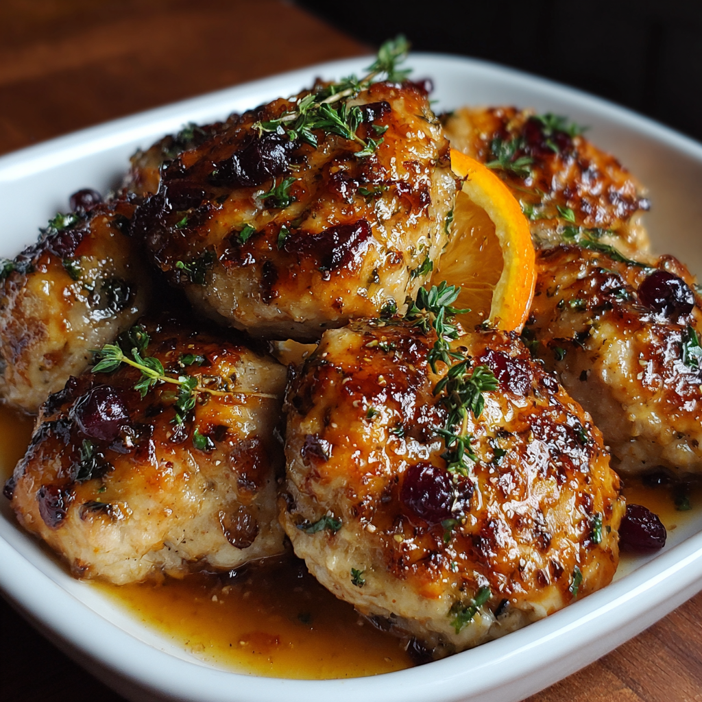 A plate of Cranberry-Orange Chicken Meatballs is served on a wooden table.