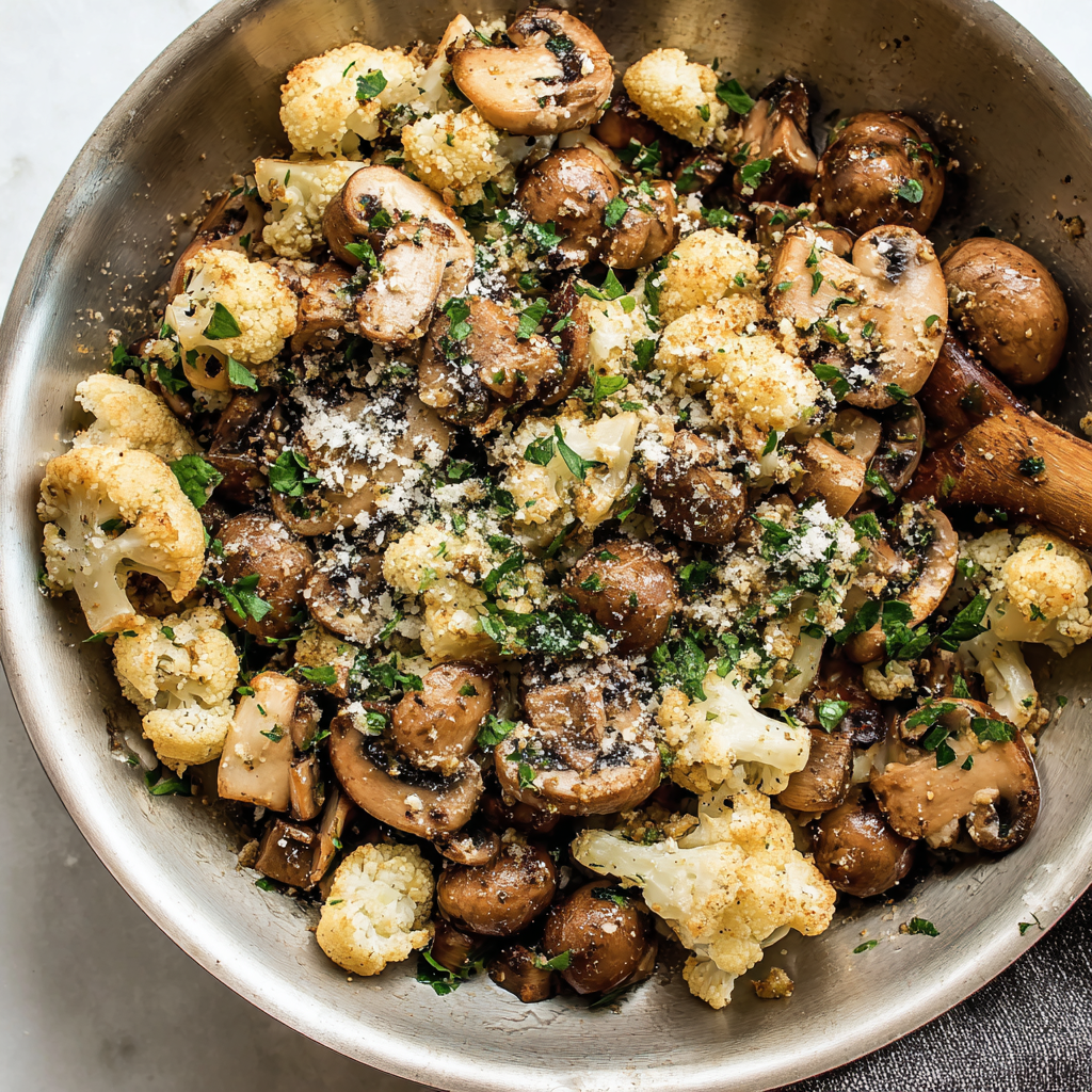 A bowl of mushrooms and cauliflower covered in cheese and herbs.