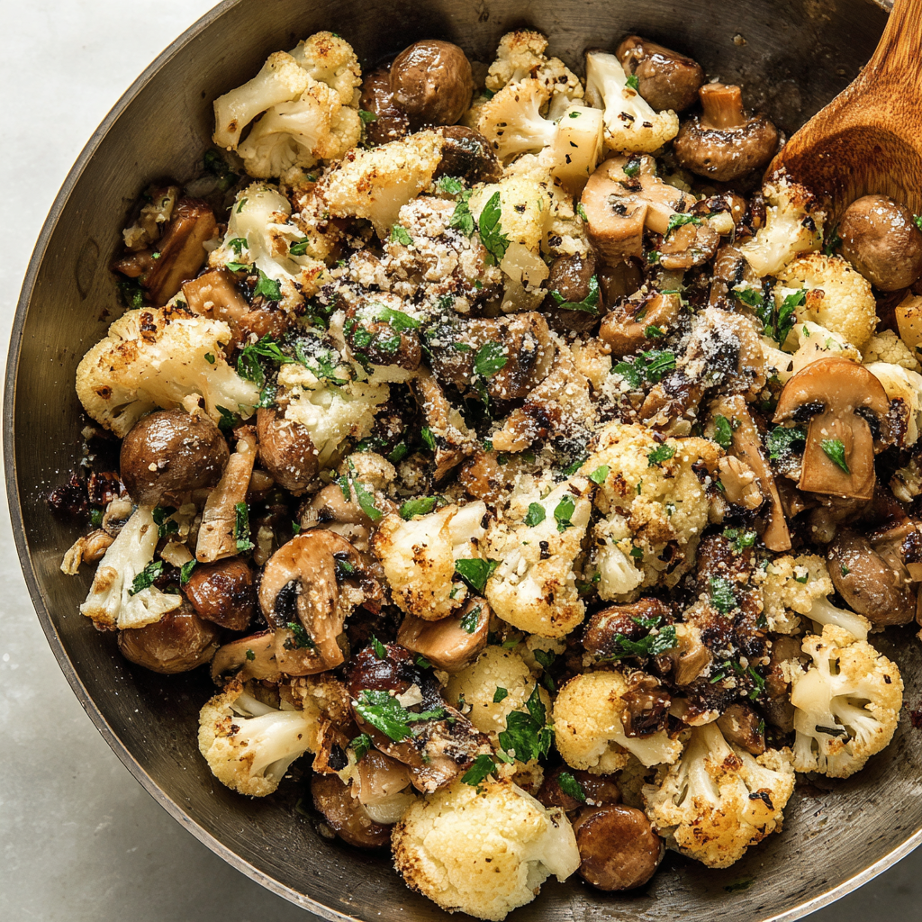 A pan of mushrooms and cauliflower with a wooden spoon in it.