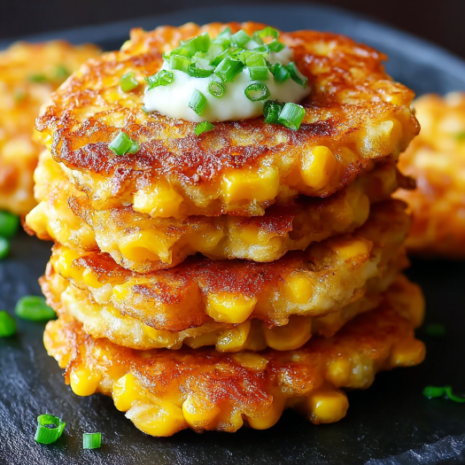 A stack of corn fritters with cheese on top, ready to be cooked.