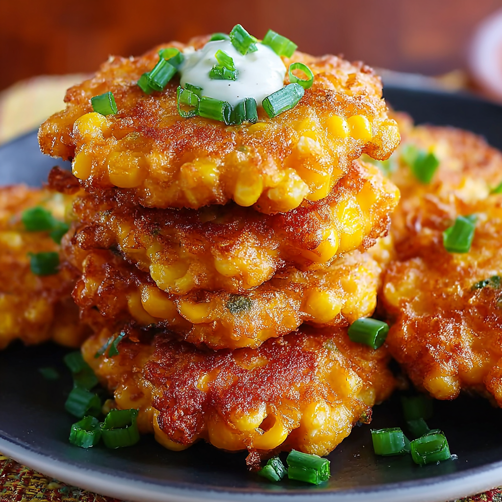A stack of corn fritters with cheese and white sauce on top.