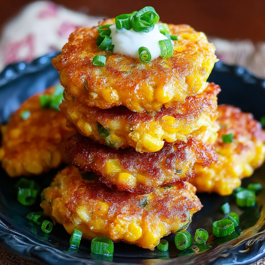A stack of three corn fritters with white cheese on top, served on a plate.