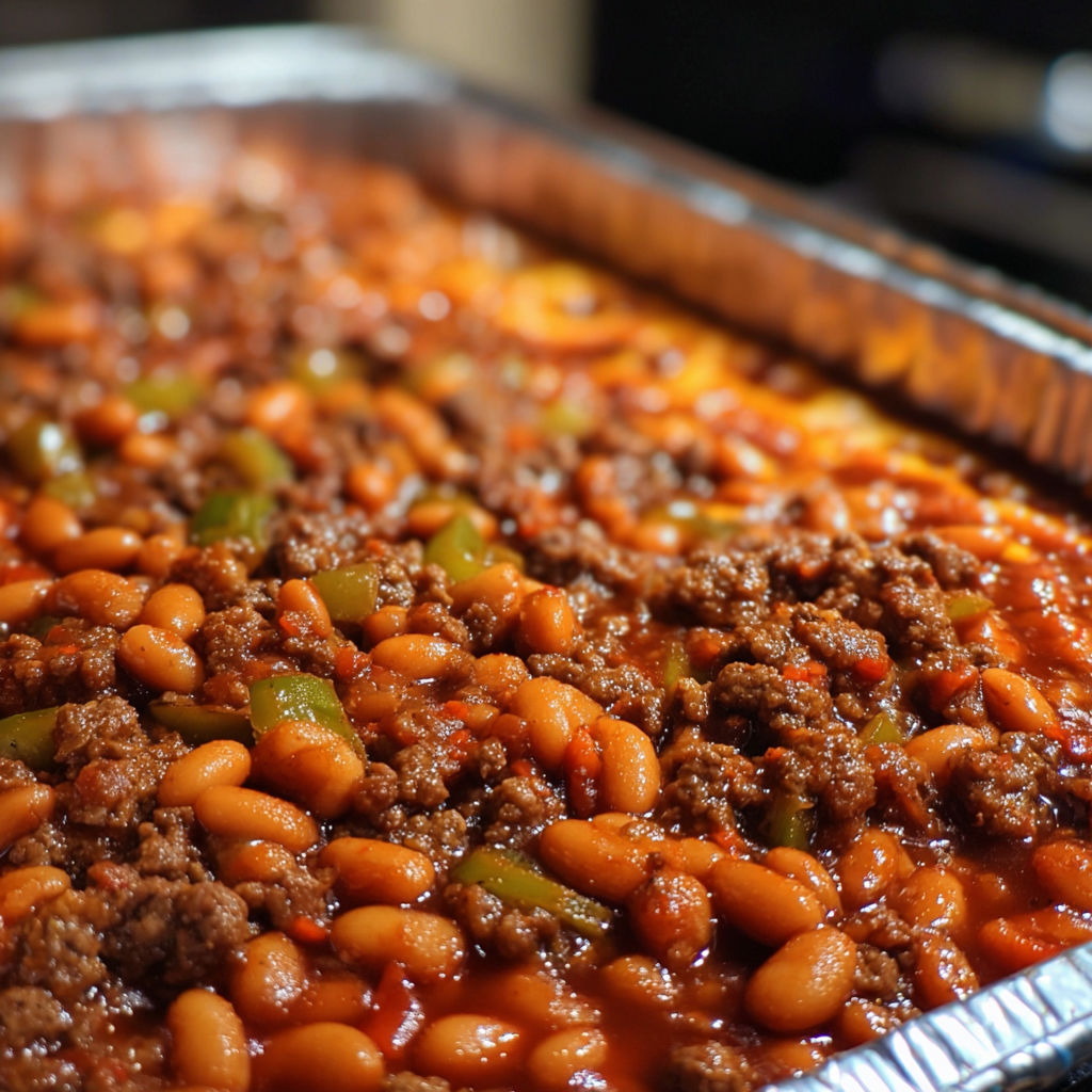 A delicious Baked Beans & Ground Beef Casserole is ready to be served.