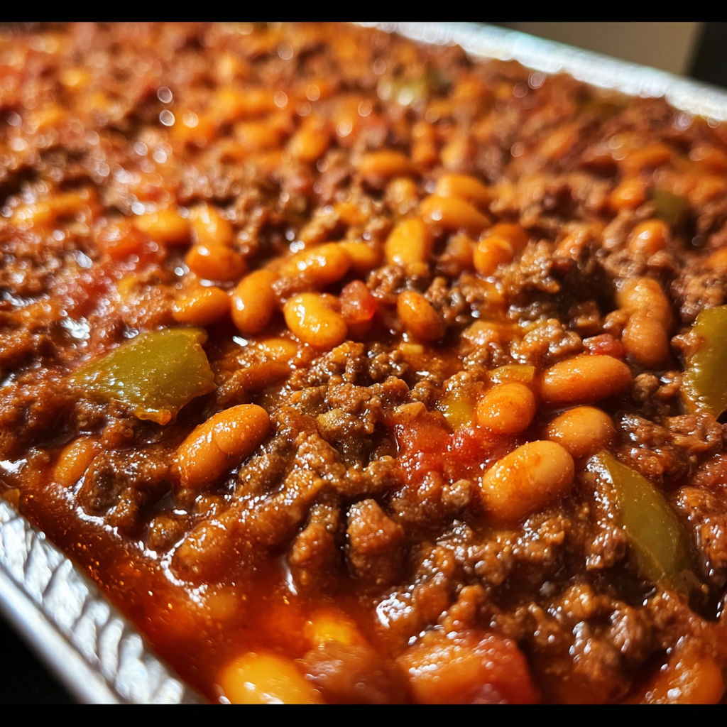 A delicious Baked Beans & Ground Beef Casserole is ready to be served.