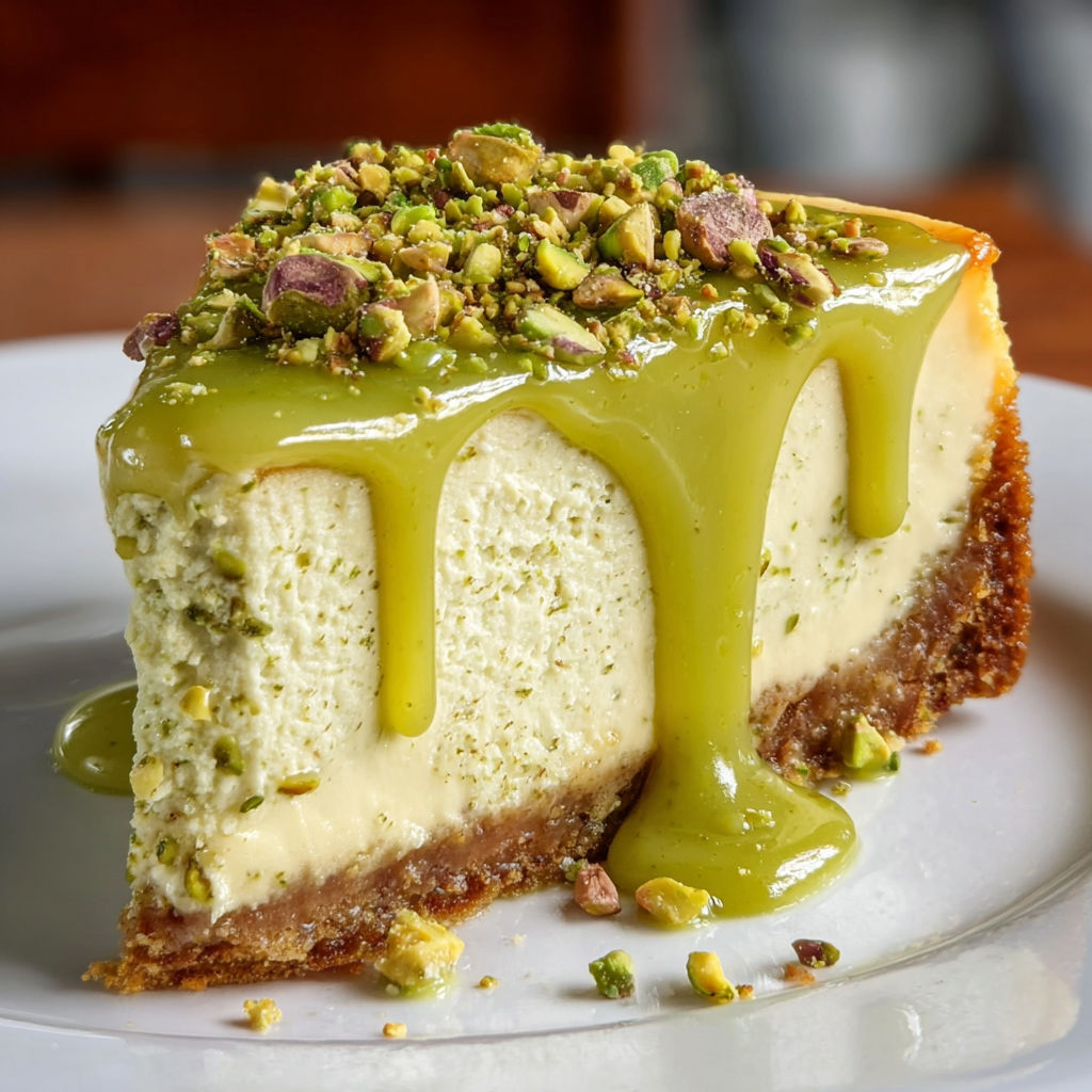 A slice of pistachio cheesecake with a pistachio topping on a white plate.