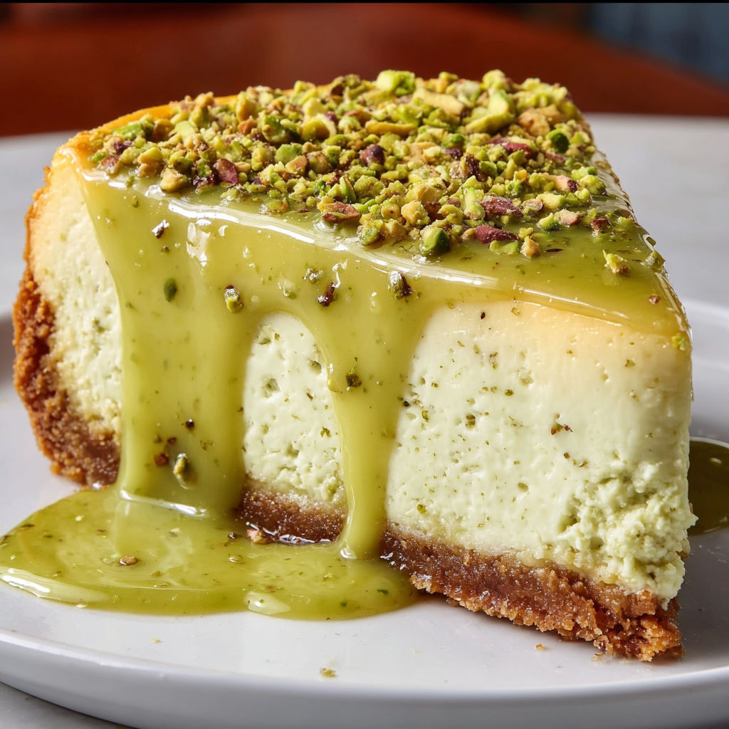 A slice of pistachio cheesecake with a pistachio topping.