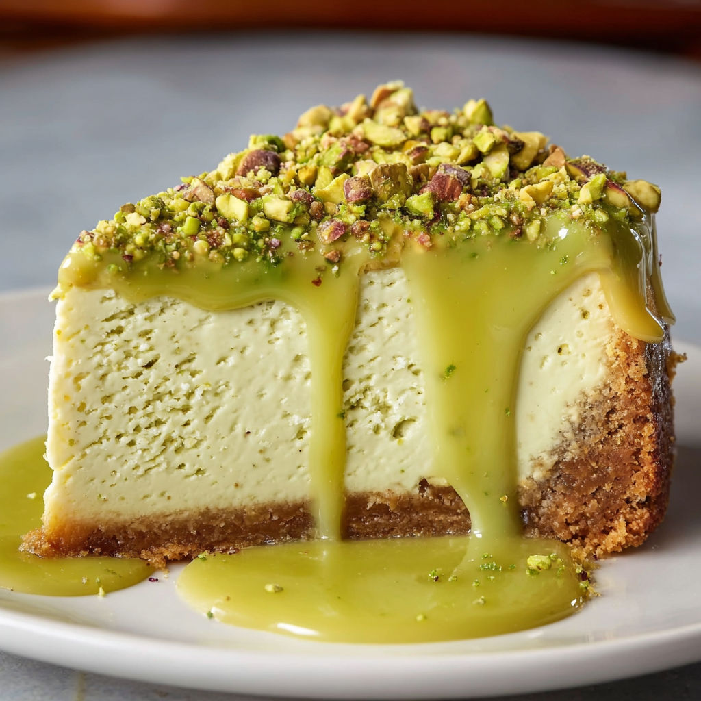 A slice of pistachio cheesecake with a pistachio topping on a white plate.
