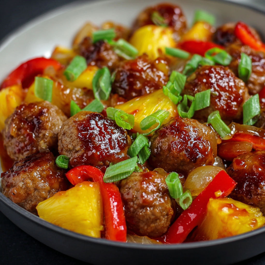 A plate of Sweet & Sour Meatballs with a variety of vegetables and sauce.