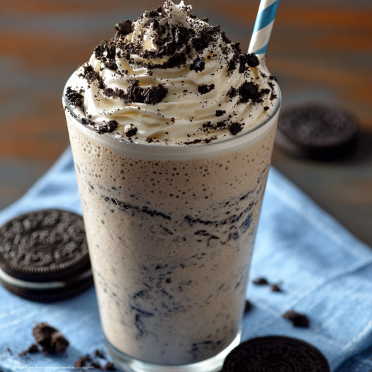 A glass of milkshake with chocolate and vanilla flavors, topped with whipped cream and chocolate chips.