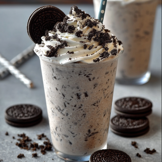 A glass of milkshake with Oreo cookies on top.