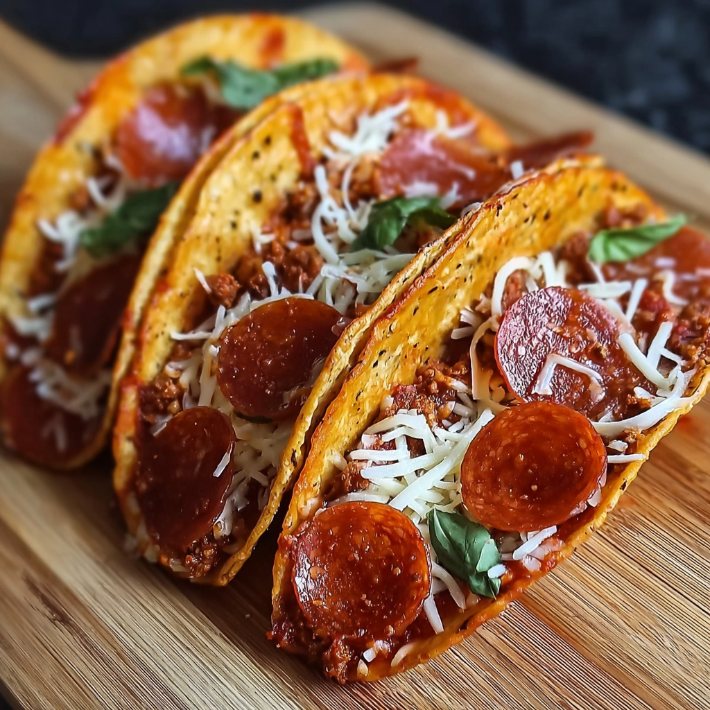 Two slices of pizza pepperoni tacos on a wooden cutting board.
