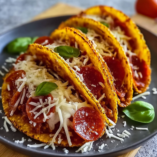A plate of pepperoni tacos with cheese and basil on top.