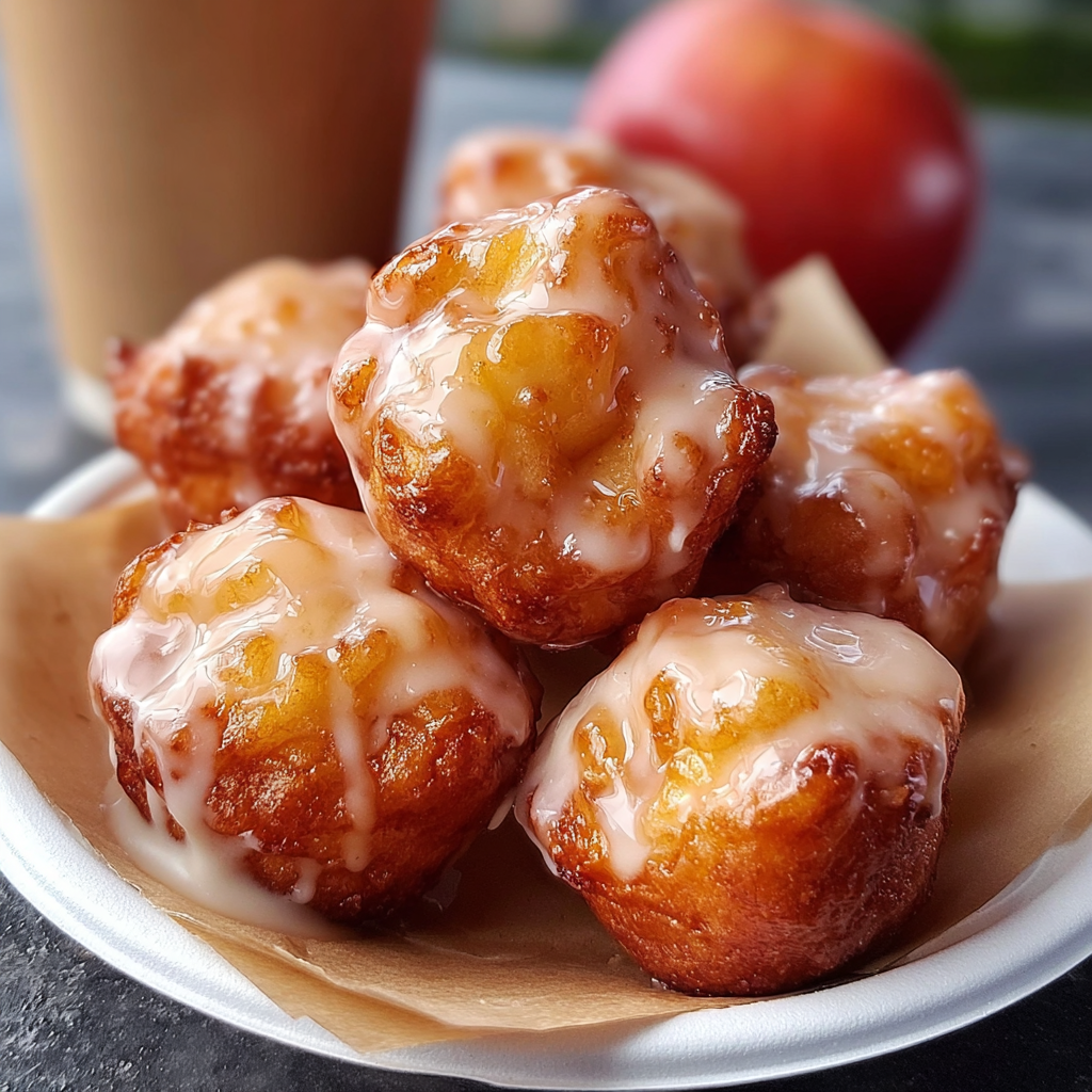 A plate of cinnamon glazed apple fritter bites sits on a table next to a cup of coffee.
