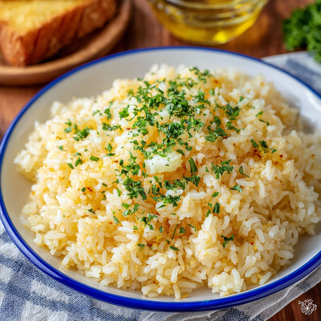 A bowl of rice with herbs and cheese on top.