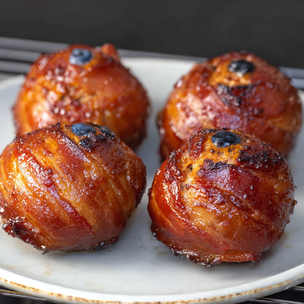 Bacon wrapped apples with a blueberry in the center, ready to be cooked.