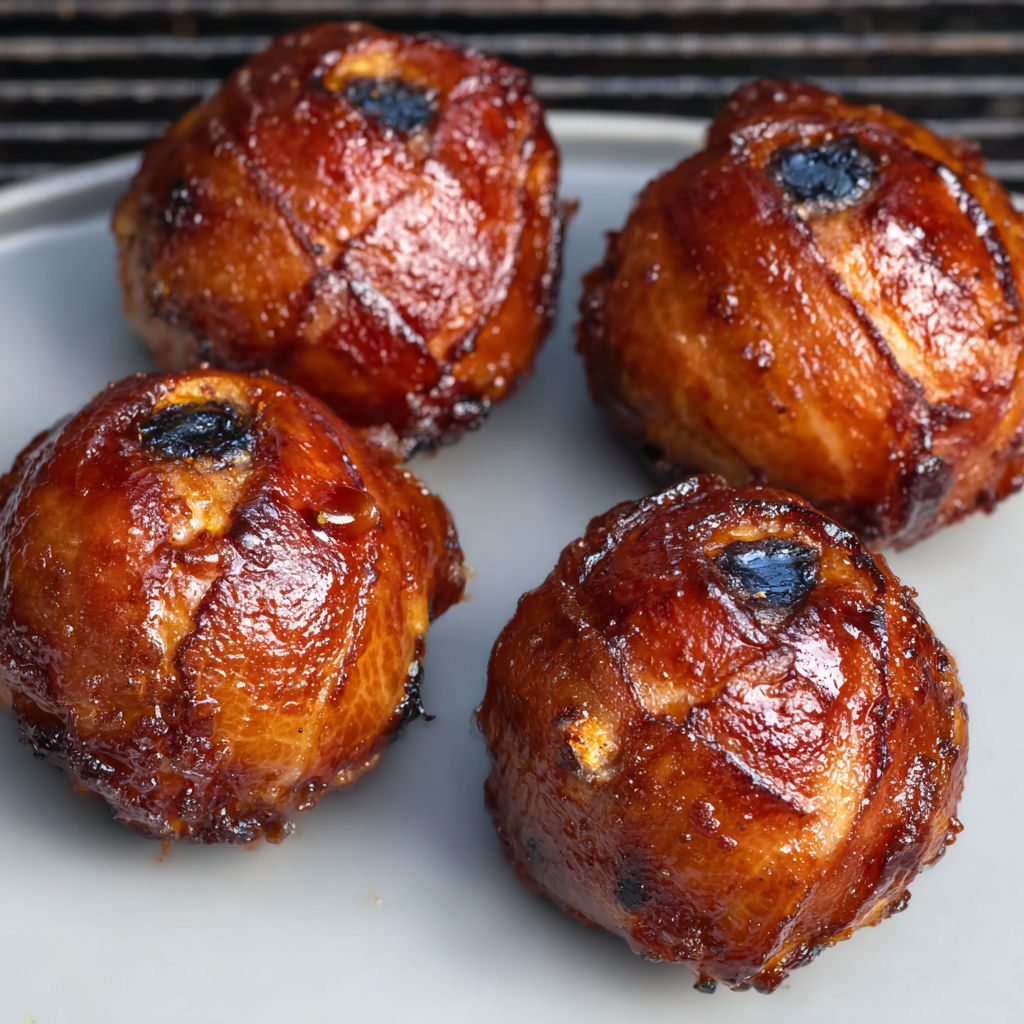 Three pieces of bacon wrapped around a piece of cheese, sitting on a plate.