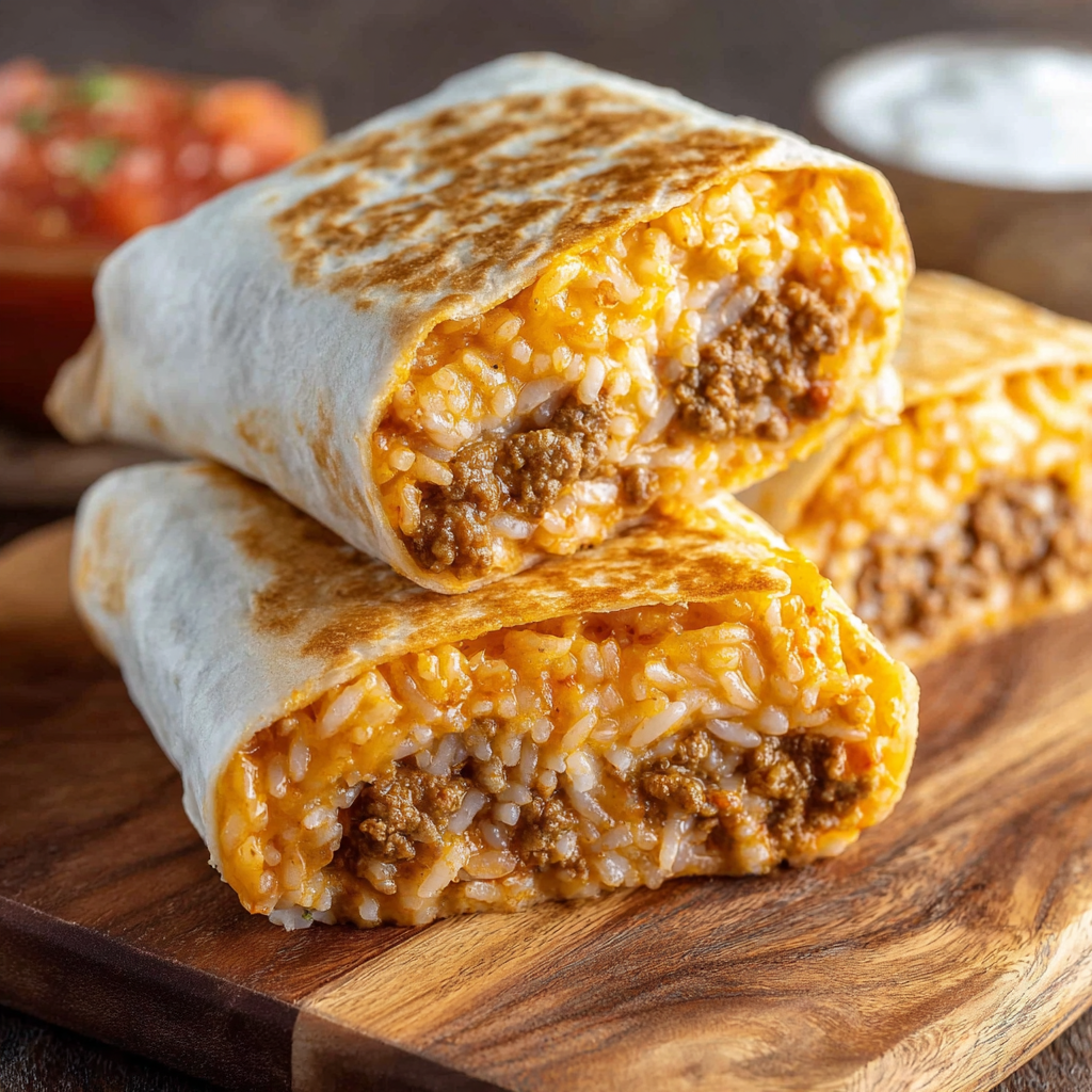 A close-up of a Quesarito Cheesy, a Mexican dish made with a tortilla, cheese, and meat.