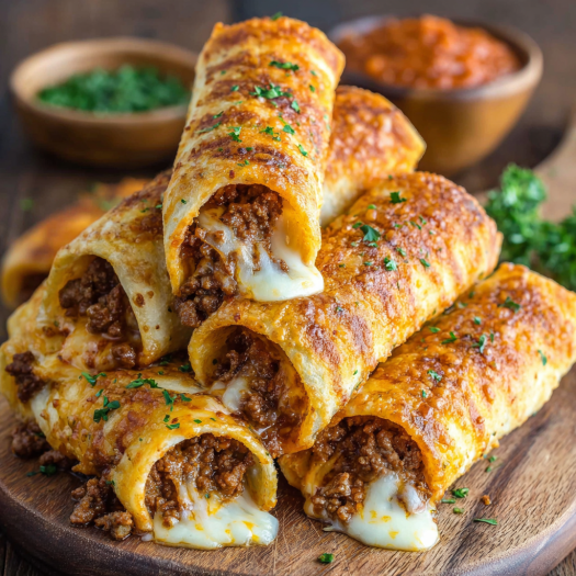 A delicious appetizer of cheesy taco bread sticks.
