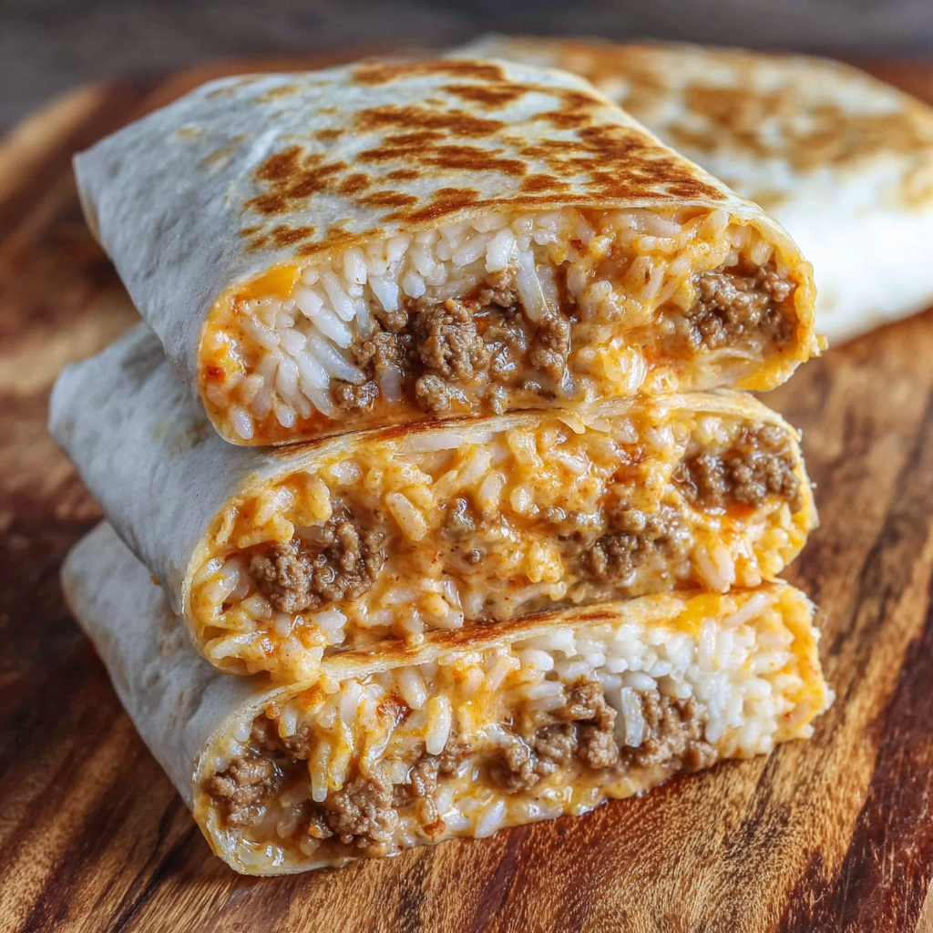A delicious Taco Bell Quesarito Cheesy is displayed on a wooden table.