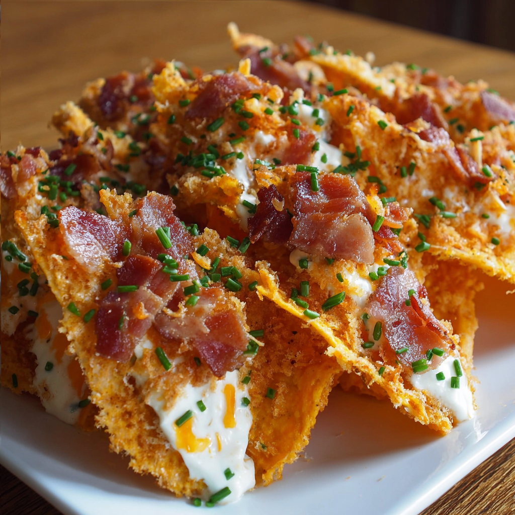 A plate of bacon and cheese nachos sits on a wooden table.