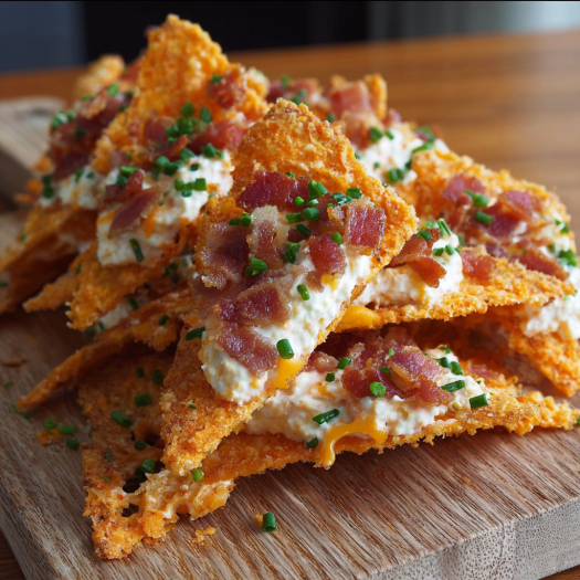A wooden cutting board holds a delicious bacon and cheese appetizer.