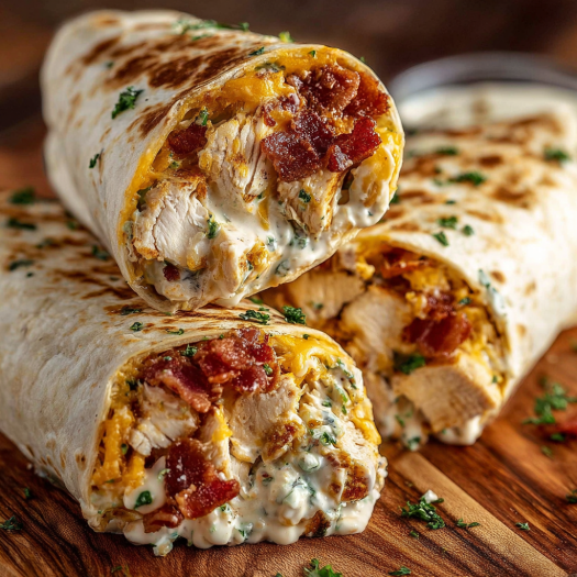 Two Crispy Bacon Chicken Ranch Wraps are served on a wooden table.
