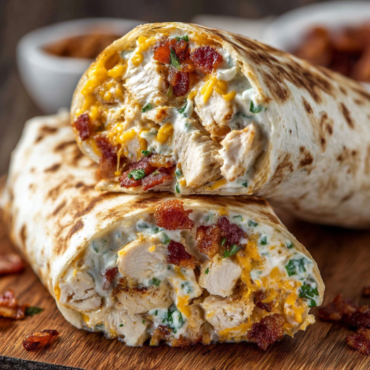 A delicious chicken burrito with bacon and cheese, served on a wooden table.