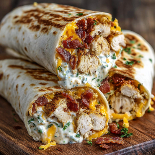 A delicious chicken burrito is served on a wooden table.