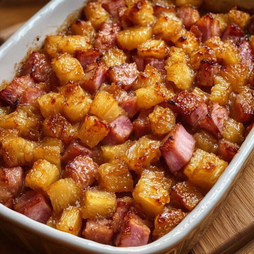 A delicious looking Brown Sugar Pineapple Ham Bake in a white bowl.