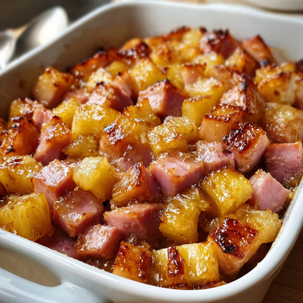 A white bowl filled with a delicious ham and pineapple dish.