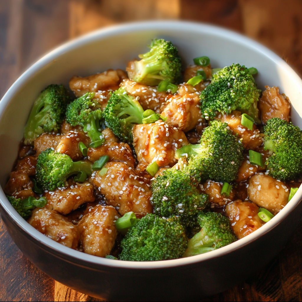 A bowl of Honey Sesame Chicken Broccoli, ready to be eaten.