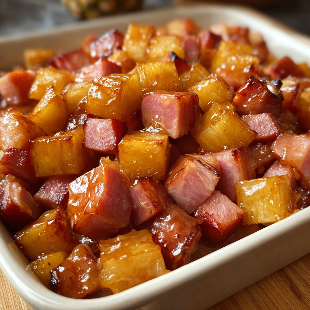 A dish of ham and pineapple is displayed in a white bowl.