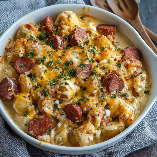 A delicious Kielbasa Sausage Cheesy Potato Casserole is served in a white bowl.