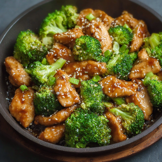 A delicious Honey Sesame Chicken Broccoli dish is served in a bowl.