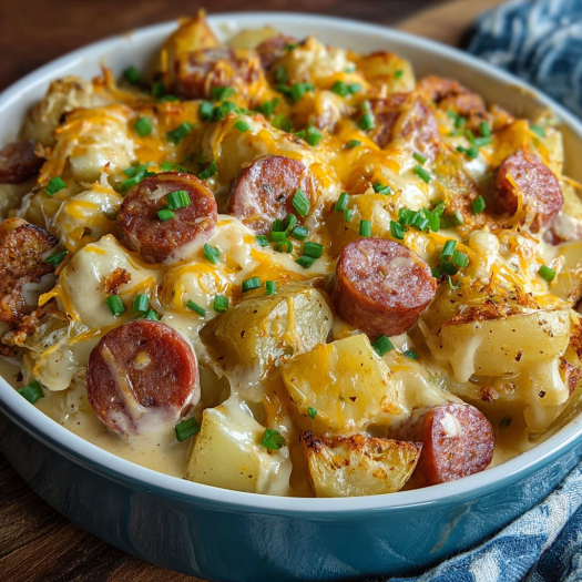 A dish of sausage and potatoes with cheese and herbs, likely a sausage and potato casserole.